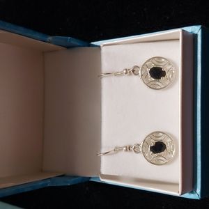 Silver Tone Filigree Circle Earrings with Black Stone